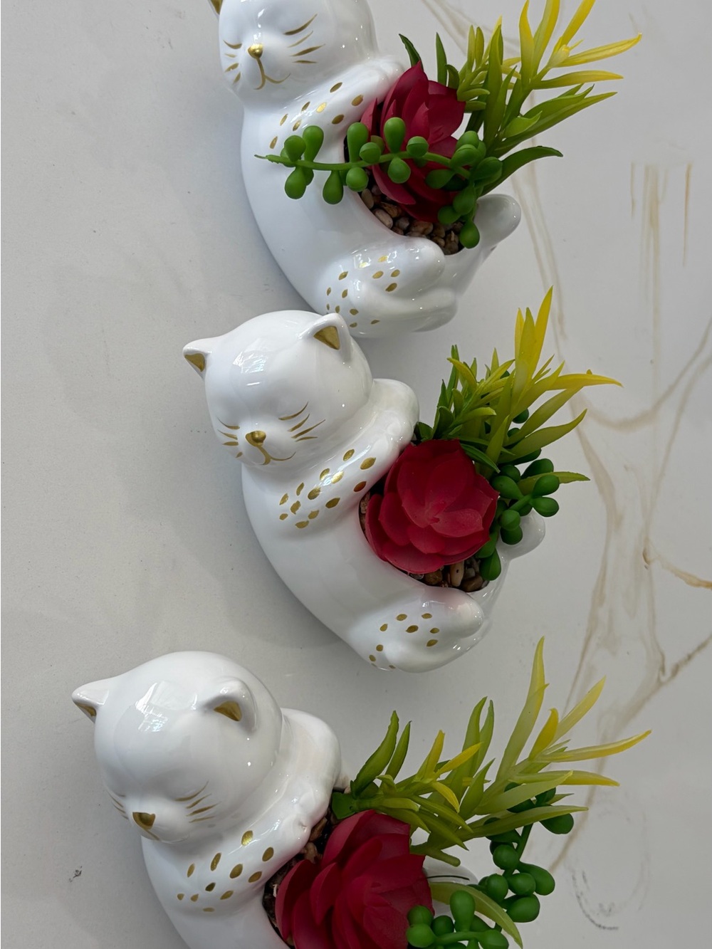 3 pcs White Ceramic Cat Planter with Flower Accent - Home Accents